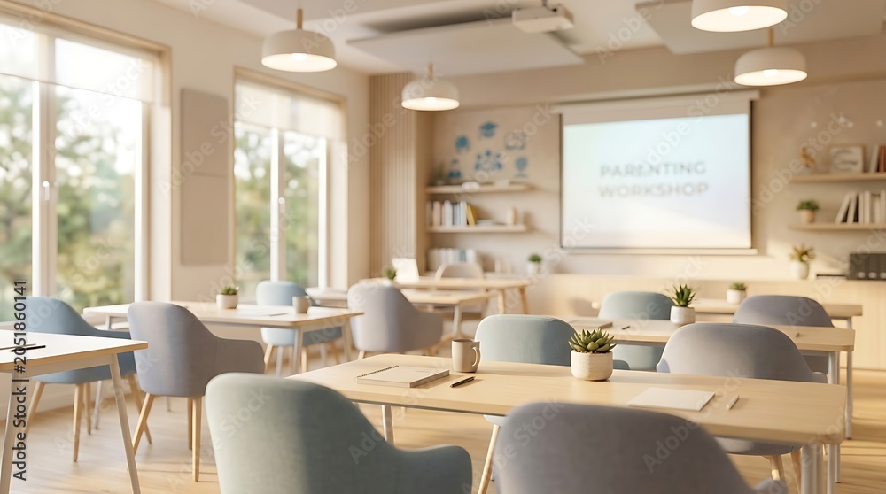Fototapeta premium A bright and modern classroom or workshop space with tables, chairs, and a projector screen displaying 