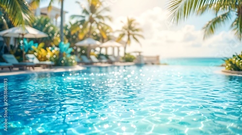 Sparkling blue swimming pool water with a blurred tropical resort and ocean in the background on a bright sunny day.
