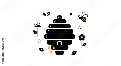 Foto Beehive and Bee Icon with Flowers, Honey Drops - Vector Illustration