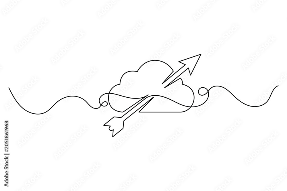 Obraz premium Cloud with arrow continuous line drawing for computing technology and online storage concept