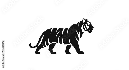 Black Silhouette of a Tiger Walking Sideways on White Background