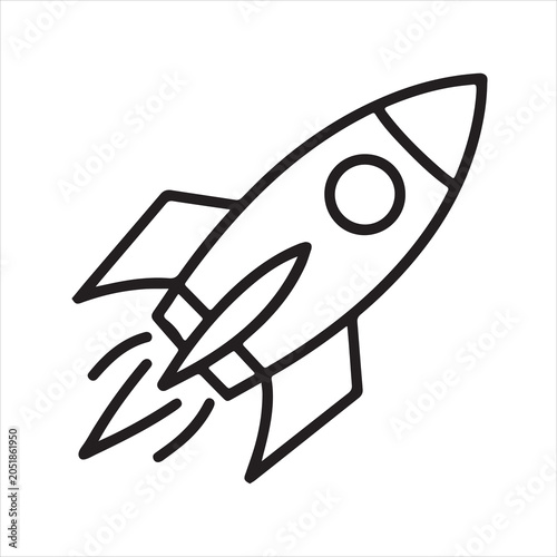 Simple black line art icon of a rocket ship ascending with stylized flames.