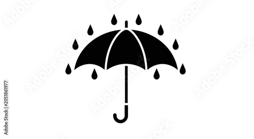 Black silhouette of an umbrella with raindrops falling on a white background.