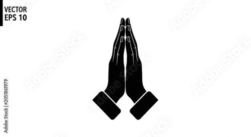 Black silhouette of praying hands or namaste gesture on white background