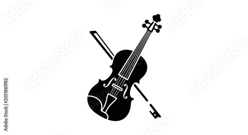 Black Silhouette of Violin and Bow on White Background