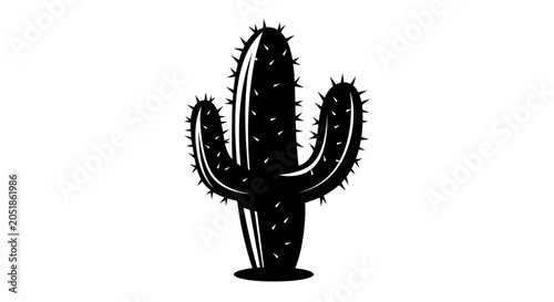 Black Silhouette Saguaro Cactus with Spikes on White Background