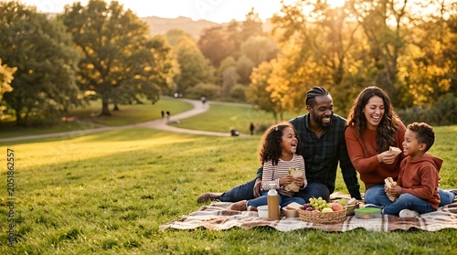 Happy multiracial family laughing while eating lunch at a park picnic