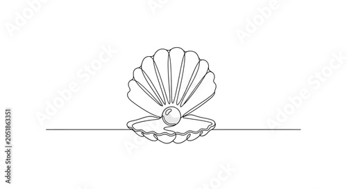 Obraz na plátně Elegant Seashell with Single Pearl, Minimalist Line Art Illustration, White Back