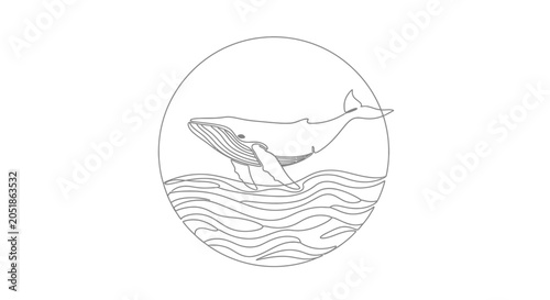 Obraz na plátně Minimalist line art whale breaching ocean waves, circular design, elegant marine