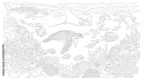 Bild auf Leinwand Underwater Coral Reef Scene with Various Marine Life - Line Art Illustration