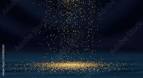 Golden particles falling on a dark blue surface with a spotlight