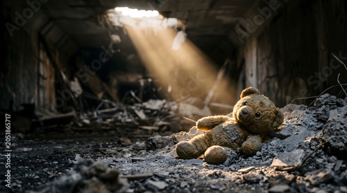 A lonely, worn-out teddy bear lies among the debris and rubble of a destroyed building, illuminated by a dramatic shaft of sunlight.