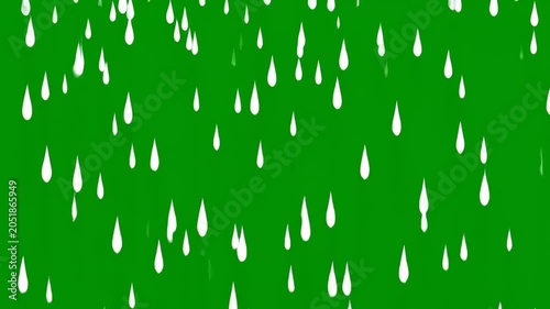 Falling Rain Animation with White Cartoon Raindrops on Green Screen Background, Ideal for Chroma Key Compositing and Video Editing.