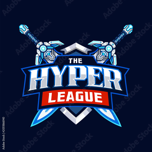The Hyper League Futuristic Esports Logo with Cyber Swords Shield Emblem and Gaming Championship Badge