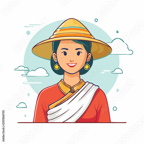 Woman in traditional Asian conical hat and attire