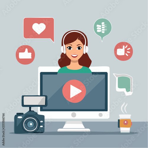 Woman Vlogger with Camera and Computer