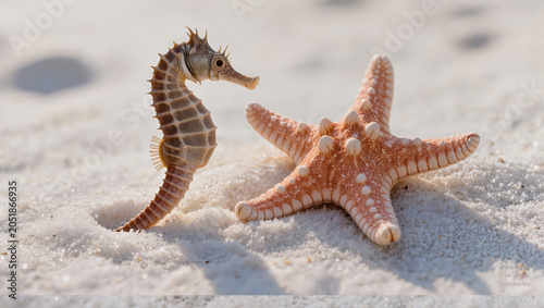 Seahorse Next to Starfish on White Sand in Clear Tropical Water