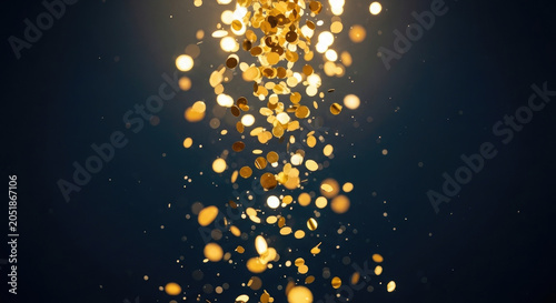 Golden confetti particles falling down on dark background festive atmosphere