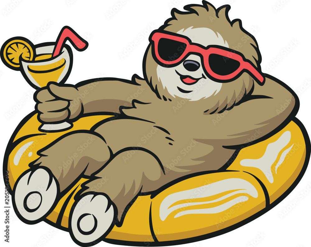 Fototapeta premium Colorful vector sloth relaxing on a yellow swim ring with sunglasses and tropical drink, playful cartoon illustration for summer vacation and leisure