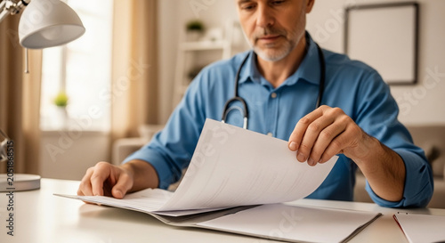 Professional mature male doctor reviewing medical reports and patient files at a desk in a bright office, focusing on clinical documentation and healthcare.