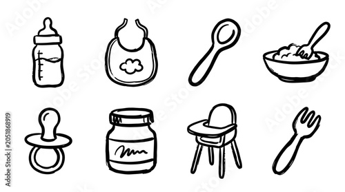 Baby Feeding Essentials Icon Set: Bottle, Bib, Spoon, Bowl, Pacifier, Jar, High Chair, Fork