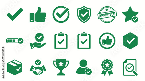 Green icons of approval and verification.