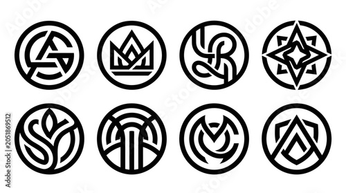 Set of 8 Unique Circular Monogram Logos, Geometric Abstract Icons, Black and White Design
