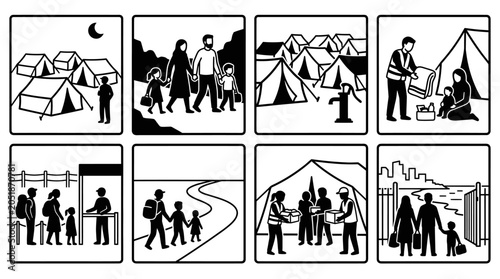 Foto Refugee Camp Life and Aid Distribution - Illustrated Story Panels