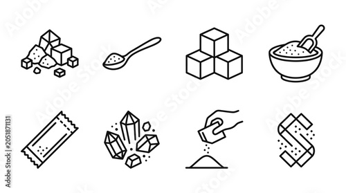 Slika na platnu Sugar Icons: Cubes, Crystals, Spoonful, Pack, Bowl, Hand - Sweetener Set