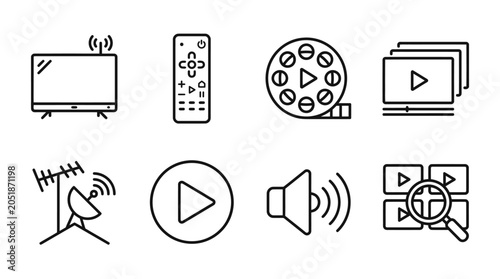 Media Icons: TV, Remote, Film Reel, Video Player, Antenna, Play Button, Speaker, Search