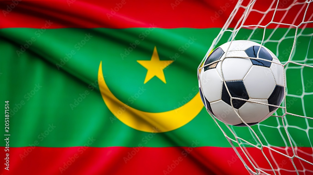Fototapeta premium Soccer ball in goal net with mauritania flag waving background