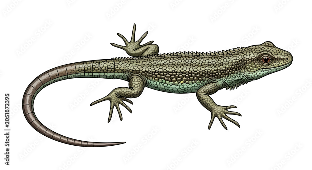 Fototapeta premium Detailed Illustration of a Green and Brown Lizard with Red Eyes on White Background