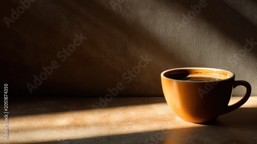 Close up of a coffee cup with dramatic lighting and copy space