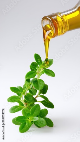 Extra virgin olive oil pouring from bottle onto fresh green herb