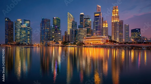 City skyline at night modern architecture illuminated reflection in water