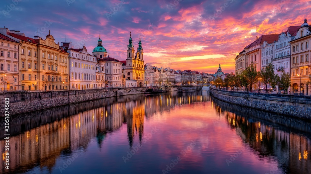 Fototapeta premium Cityscape at sunset buildings and river reflecting vivid sky colors