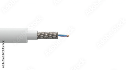 Close-up of a white coaxial cable with exposed internal components, isolated on white background.