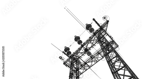 High-Voltage Power Lines Against a Bright White Sky - Energy Infrastructure.