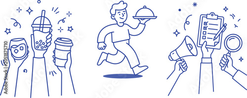 Blue Hand Drawn Doodle Set for Food Service Event Planning and Celebration Illustration