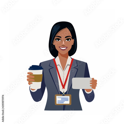 Woman in suit holding coffee cup and blank card