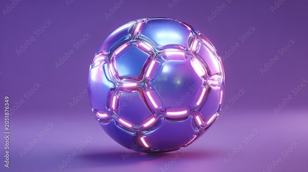 Naklejka premium Abstract futuristic soccer ball with neon lights against purple backdrop