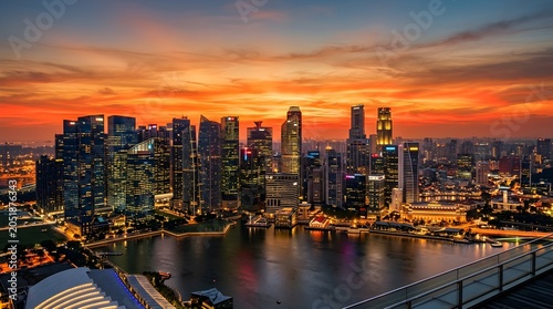 Panoramic view of Singapore city skyline at sunset over Marina Bay