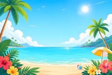Leinwandbilder Türkis Tropical beach landscape with palm trees, hibiscus flowers, and beach ball under a sunny blue sky  © ridwanhassan