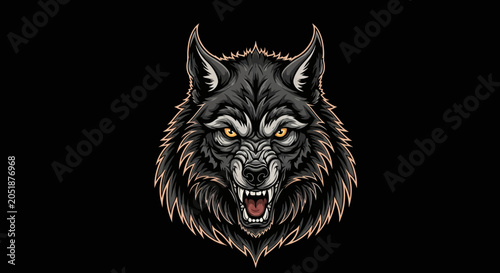 Quadro su tela Fierce Wolf Head Illustration, Aggressive Expression, Dark Background
