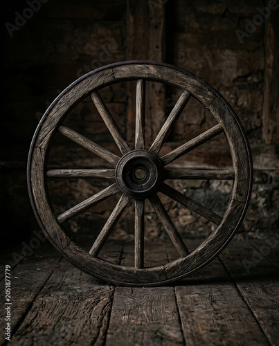 Vintage Wooden Wagon Wheel in a Dark Rustic Interior