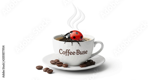 Slika na platnu Ladybug on Coffee Cup with Steaming Aroma and Coffee Beans, Morning Brew