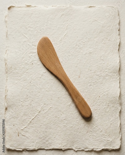 Wooden butter spreader on handmade textured paper background
