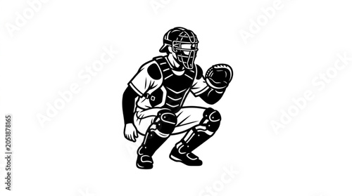 Schilderij op canvas Baseball catcher in full gear crouching on white background.