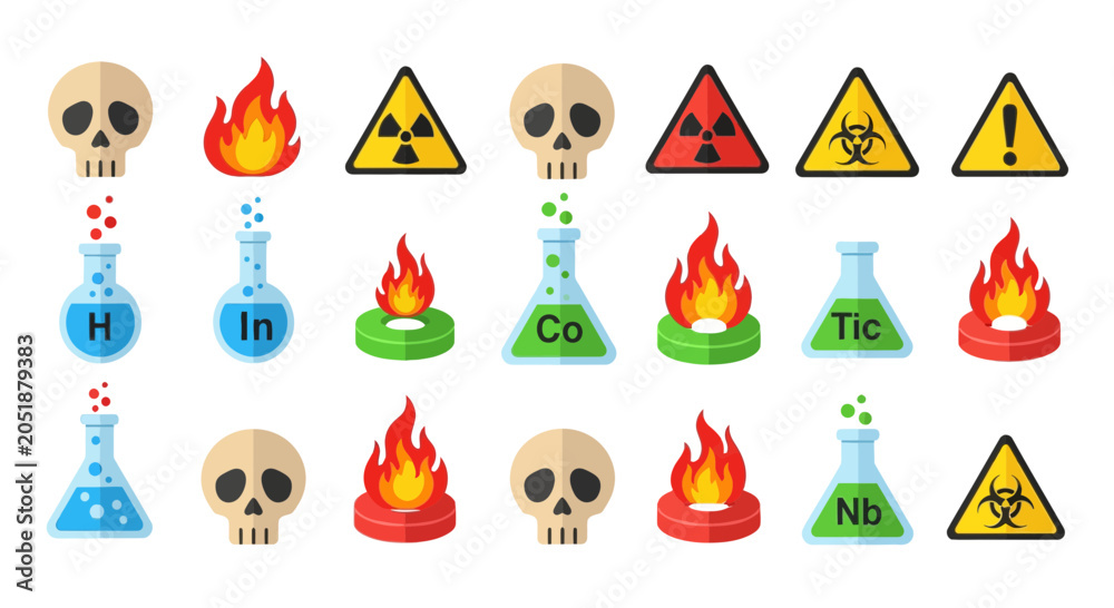 Fototapeta premium Chemical Hazard and Lab Safety Flat Icon Set with Toxic Symbols