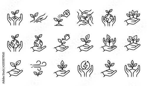 Foto Modern seedling growth outline icon collection with nurturing hand vectors